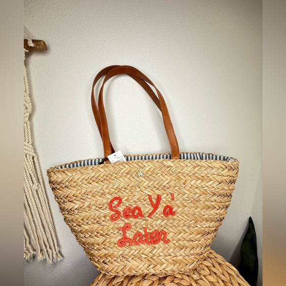 Capelli Straworld New York Sea Ya Later Straw Tote bag Tan Red Embroidery new - Picture 1 of 7